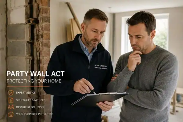 Party wall surveyor South Hayling discussing extension plans with homeowner outside a UK semi-detached house.